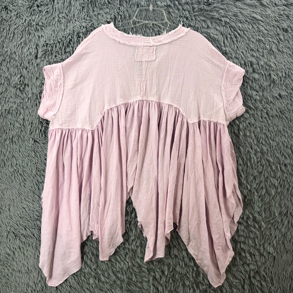 Free People Babydoll Top Womens Small Pink Asymmetrical Shirt Short Sleeve - Picture 7 of 9